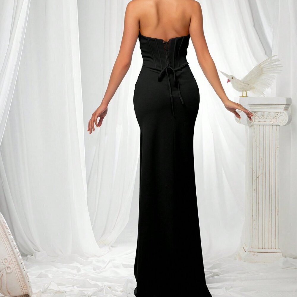 Black Party Women's Elegant Strapless Flattering Fitted Satin  Dress - Picture 2 of 6